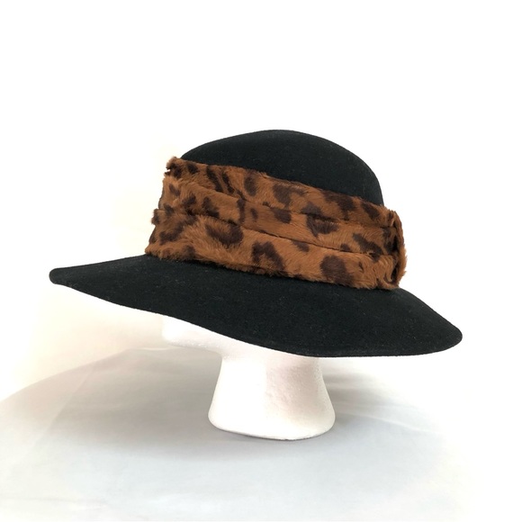 Sonni of San Francisco LANCASTER Wide Brim Black Wool Hat w/ Faux Fur Band - Picture 1 of 11